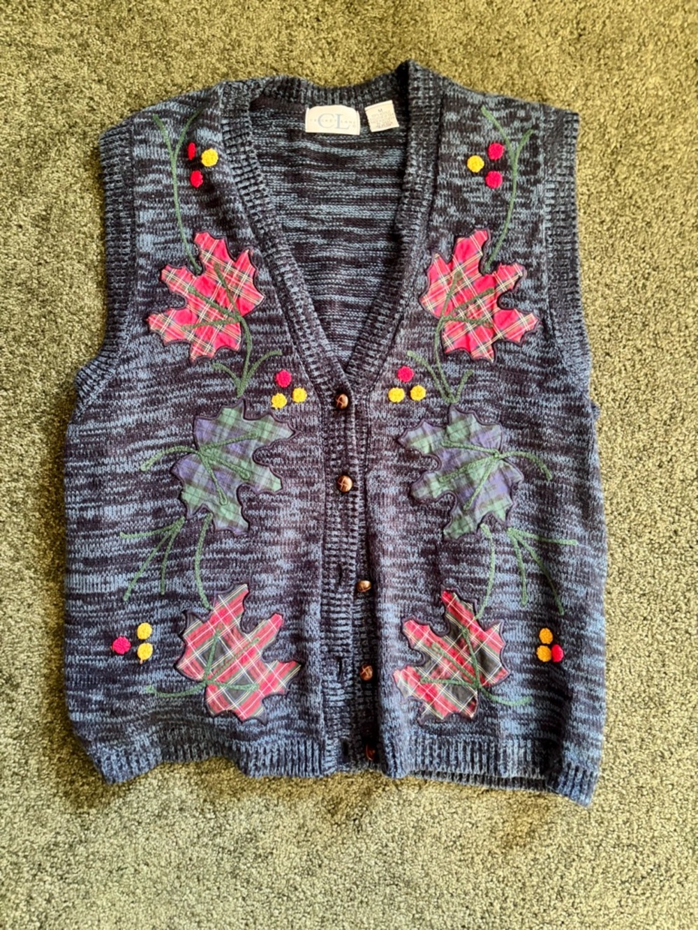 Cricket Lane Sz M Oversized Button-Front Autumn Leaves Knit Vest - Heather Blue - Picture 7 of 8